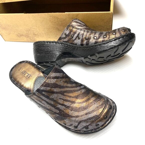 size 7 Born Womens Marley Leather Studded Mules Clogs brown copper zebra Slip-on - Picture 1 of 6